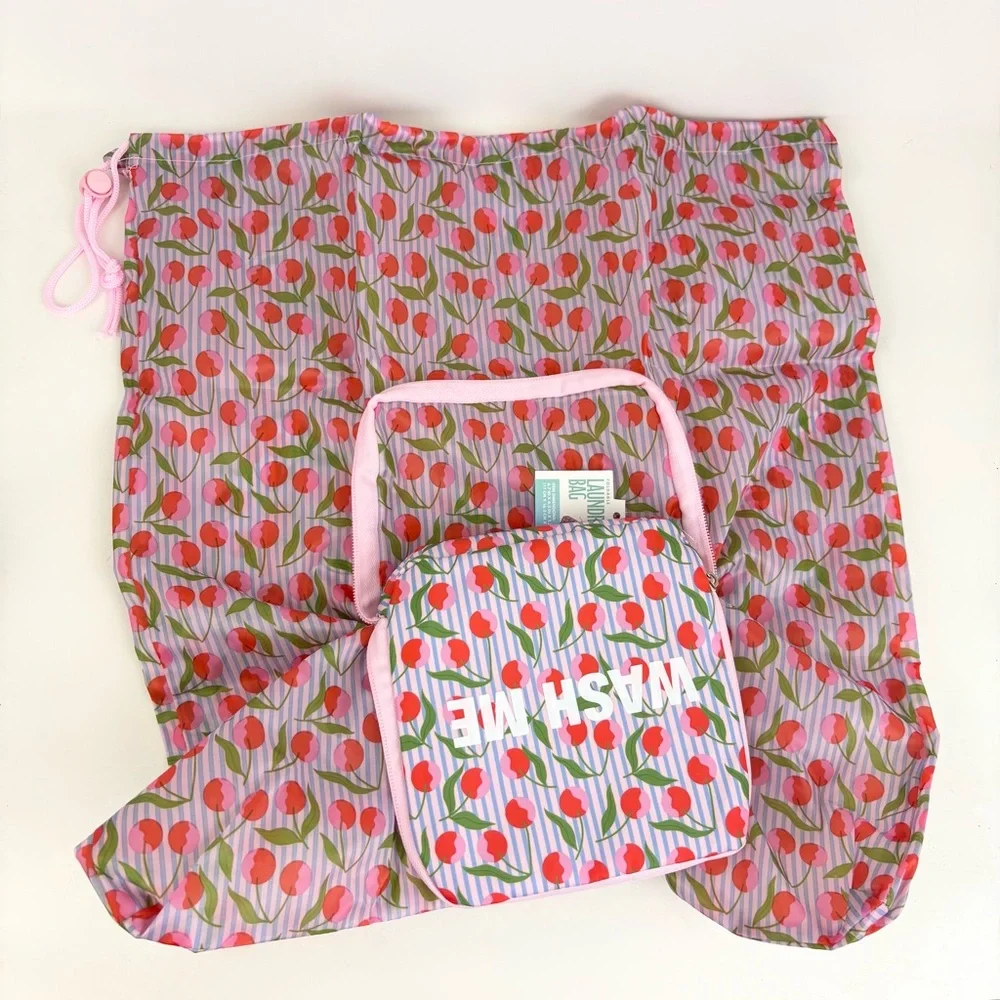 Foldable Zip Pouch Travel Cherry Blue Pinstripes Wash Me Laundry Bag New NWT